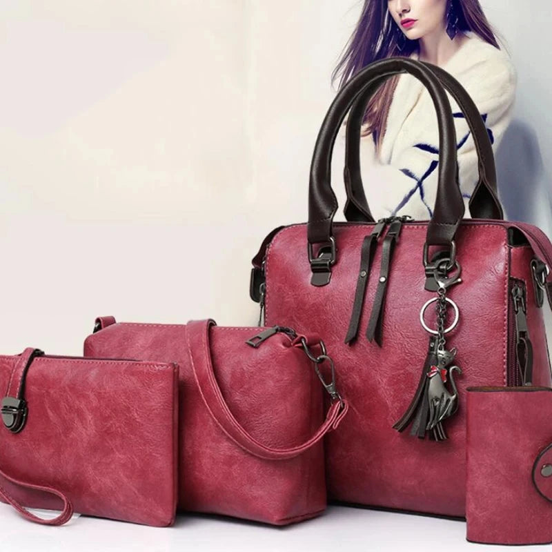 Women Composite Tassel Bag Luxury Leather Purse Handbags Famous Brands Designer Top-Handle Female Shoulder Bag 4Pcs/Set