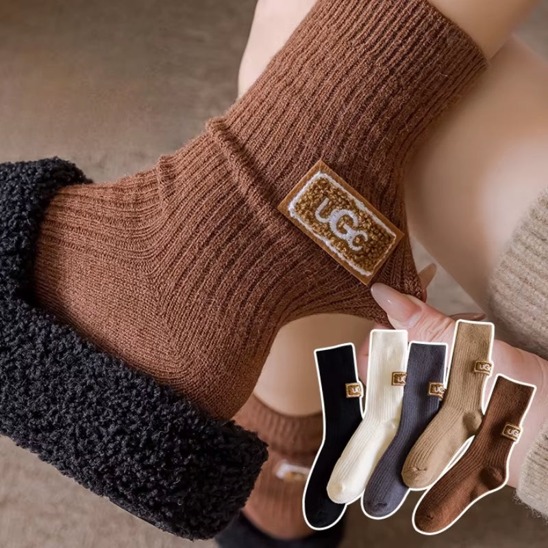 1-10Pairs Winter Thick Warm Padded Socks Solid Color Mid Calf Socks Women’S Casual Embroidered Logo Pile Socks Cold Weather Wear