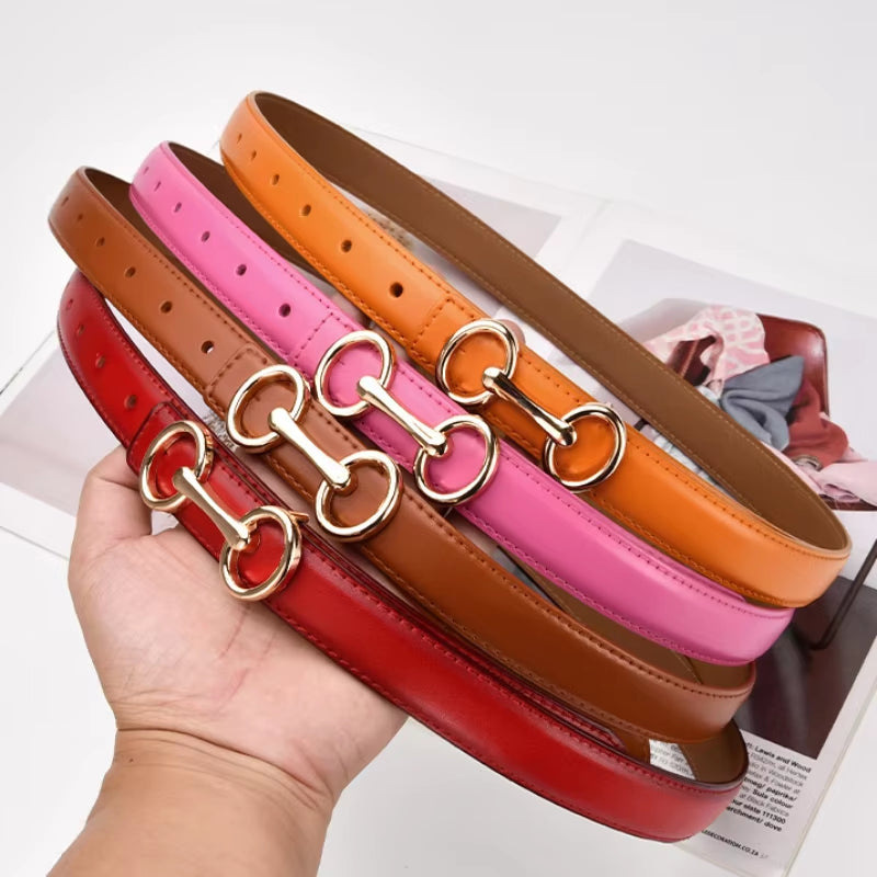 2.4Cm Belts for Women Girls Fashion Waist Belt Cowhide Leather Simple 8 Metal Pin Buckle Belt Leisure Dress Jeans Waistband