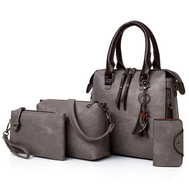 Women Composite Tassel Bag Luxury Leather Purse Handbags Famous Brands Designer Top-Handle Female Shoulder Bag 4Pcs/Set
