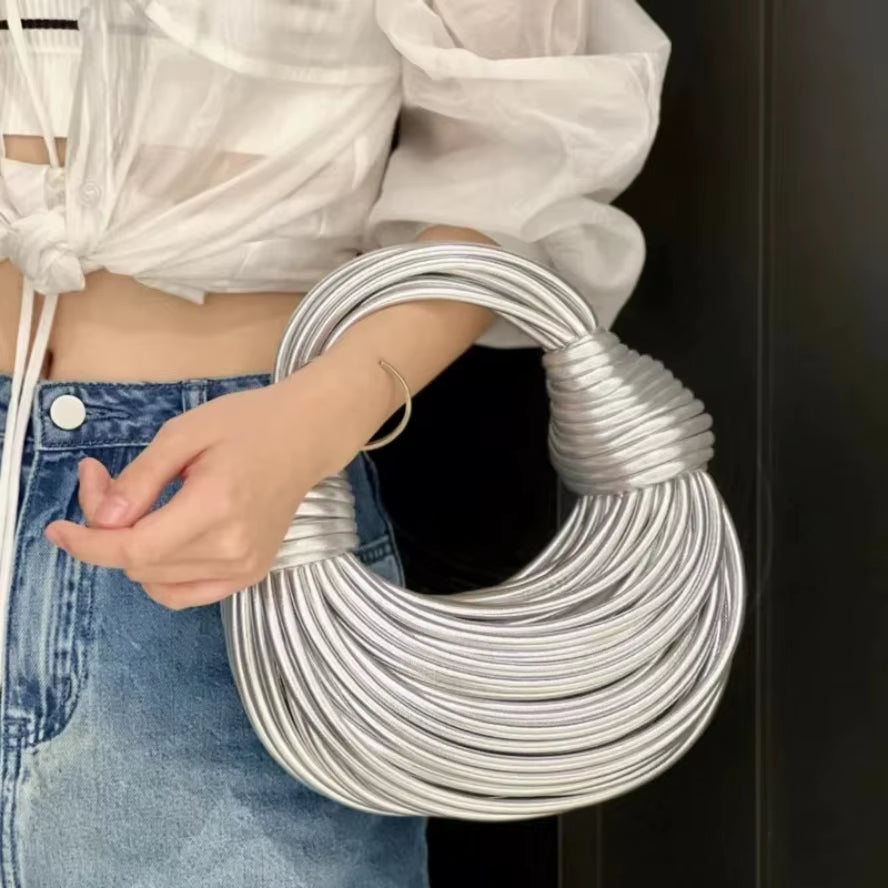 Hot Y2K Handbags for Women Gold Luxury Designer Brand Handwoven Noodle Bags Rope Knotted Pulled Hobo Silver Evening Clutch Chic