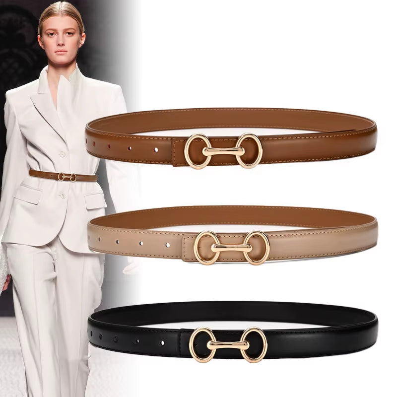 2.4Cm Belts for Women Girls Fashion Waist Belt Cowhide Leather Simple 8 Metal Pin Buckle Belt Leisure Dress Jeans Waistband