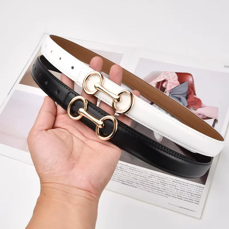 2.4Cm Belts for Women Girls Fashion Waist Belt Cowhide Leather Simple 8 Metal Pin Buckle Belt Leisure Dress Jeans Waistband