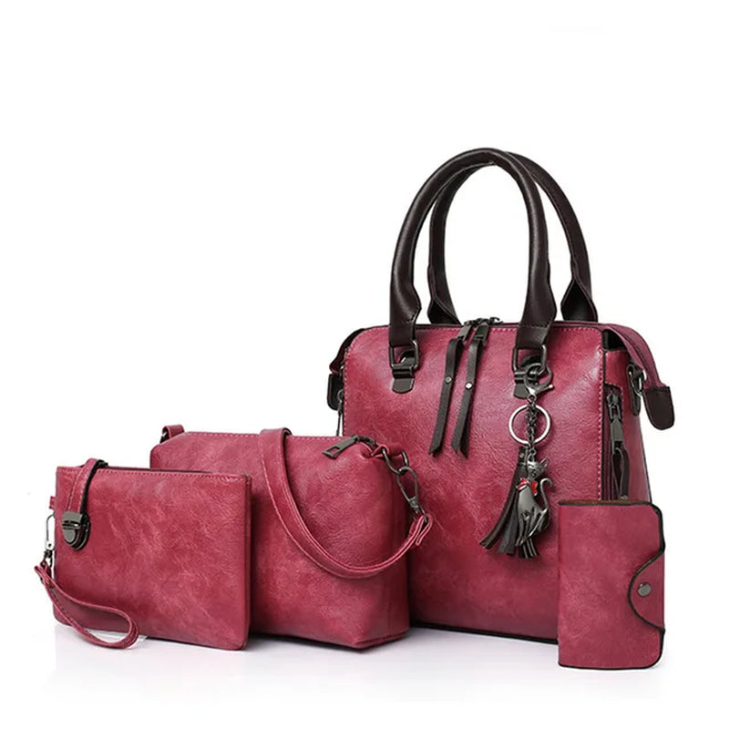 Women Composite Tassel Bag Luxury Leather Purse Handbags Famous Brands Designer Top-Handle Female Shoulder Bag 4Pcs/Set