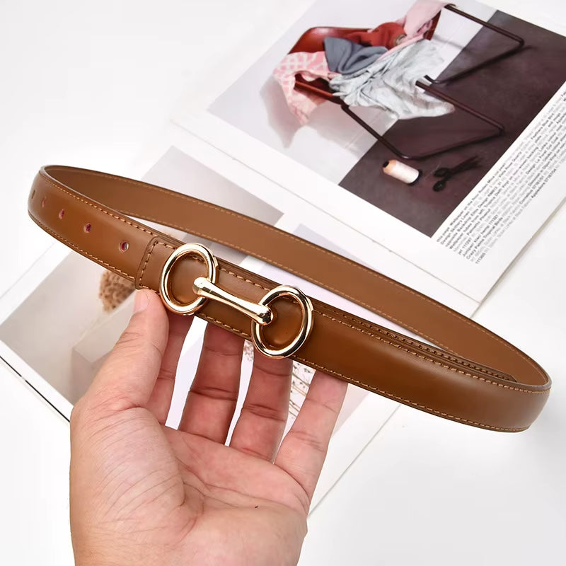 2.4Cm Belts for Women Girls Fashion Waist Belt Cowhide Leather Simple 8 Metal Pin Buckle Belt Leisure Dress Jeans Waistband