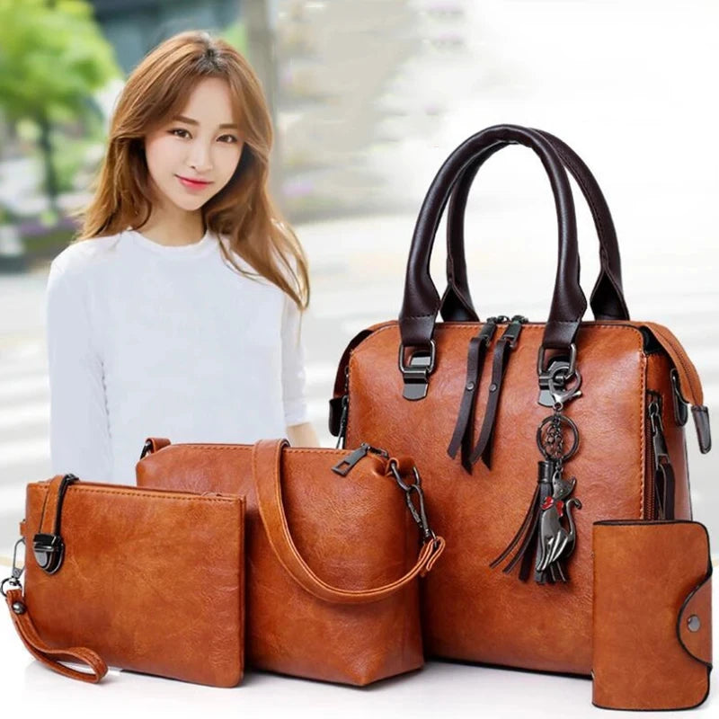 Women Composite Tassel Bag Luxury Leather Purse Handbags Famous Brands Designer Top-Handle Female Shoulder Bag 4Pcs/Set
