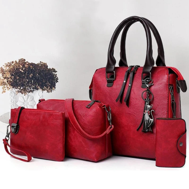 Women Composite Tassel Bag Luxury Leather Purse Handbags Famous Brands Designer Top-Handle Female Shoulder Bag 4Pcs/Set