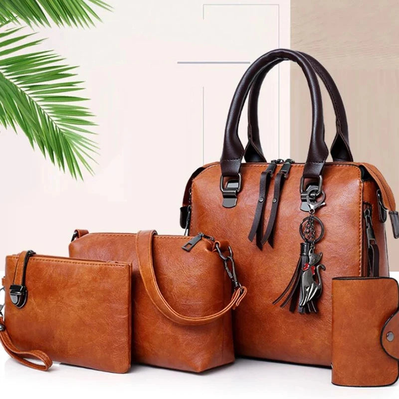 Women Composite Tassel Bag Luxury Leather Purse Handbags Famous Brands Designer Top-Handle Female Shoulder Bag 4Pcs/Set