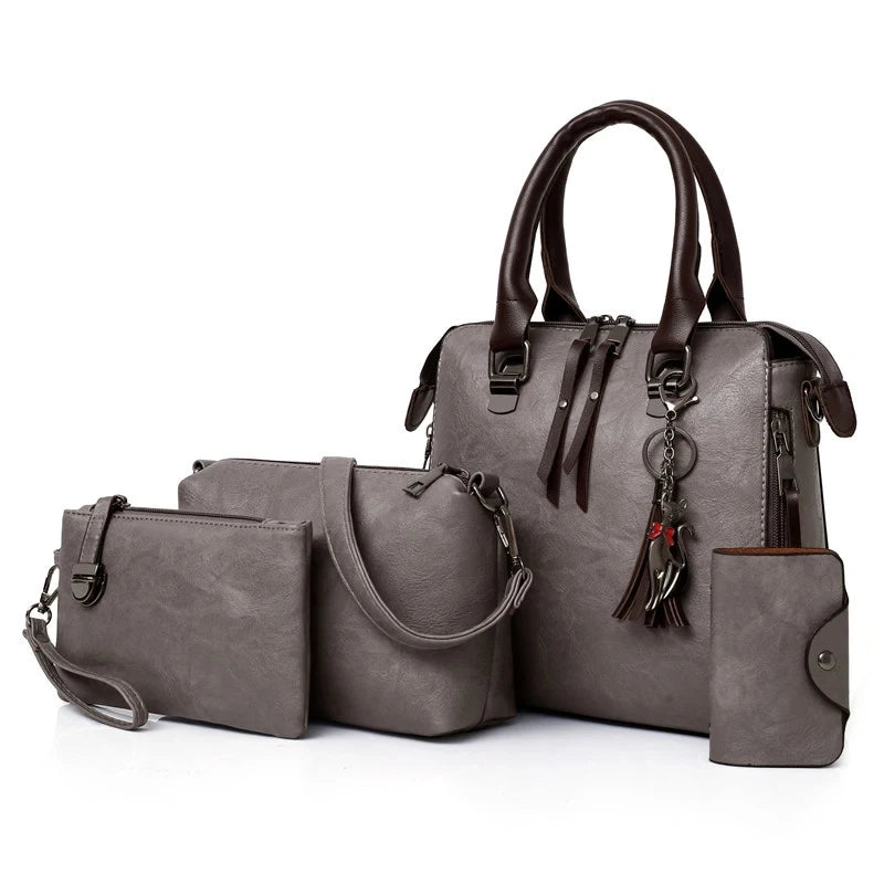 Women Composite Tassel Bag Luxury Leather Purse Handbags Famous Brands Designer Top-Handle Female Shoulder Bag 4Pcs/Set