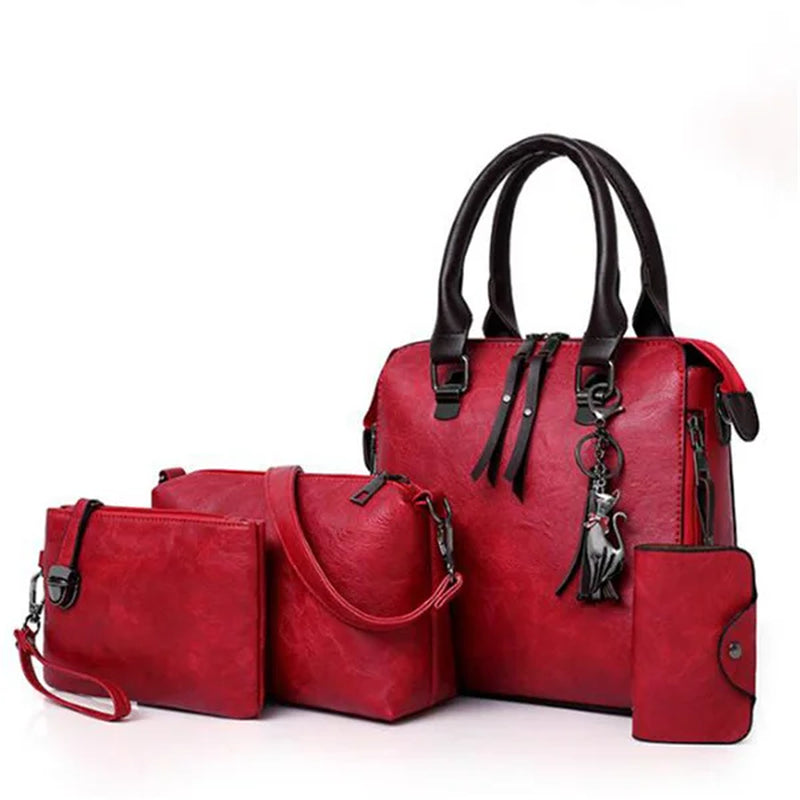 Women Composite Tassel Bag Luxury Leather Purse Handbags Famous Brands Designer Top-Handle Female Shoulder Bag 4Pcs/Set