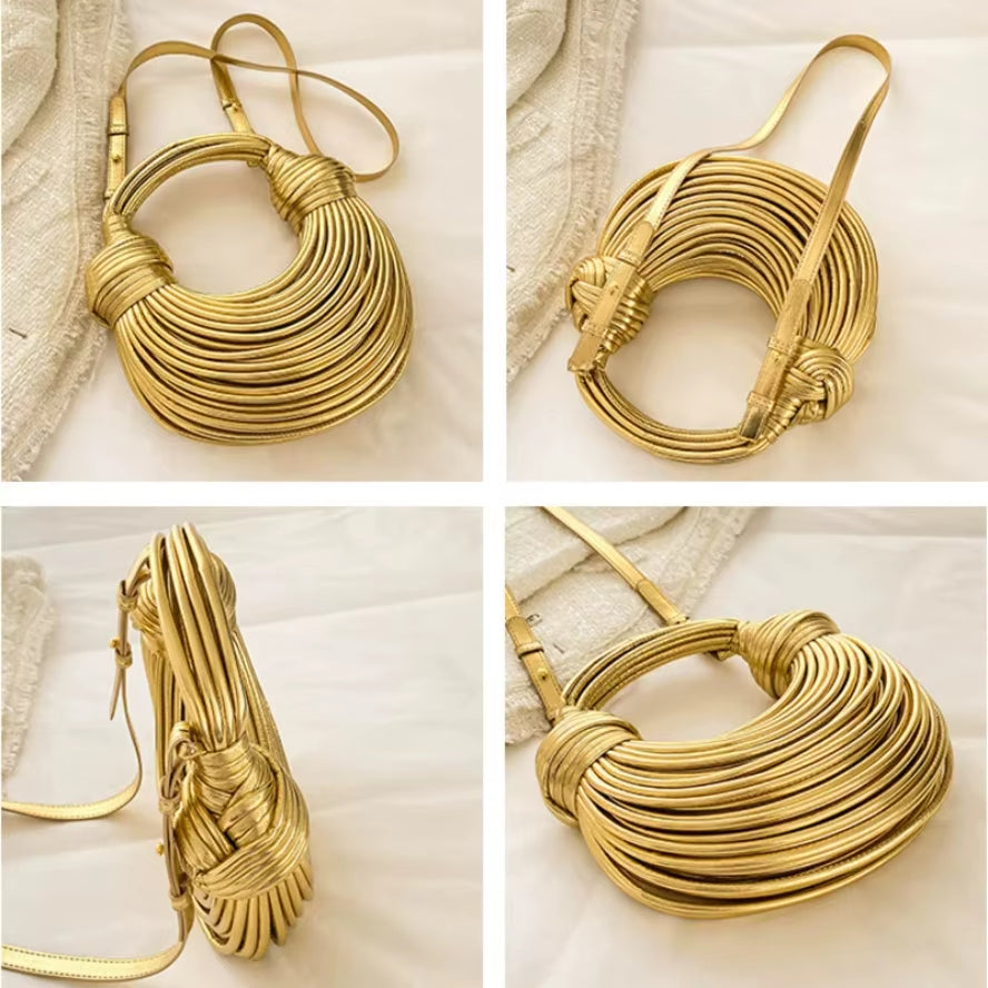 Hot Y2K Handbags for Women Gold Luxury Designer Brand Handwoven Noodle Bags Rope Knotted Pulled Hobo Silver Evening Clutch Chic