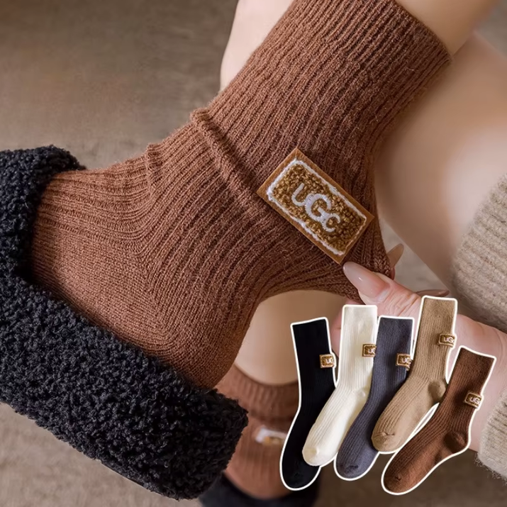 1-10Pairs Winter Thick Warm Padded Socks Solid Color Mid Calf Socks Women’S Casual Embroidered Logo Pile Socks Cold Weather Wear
