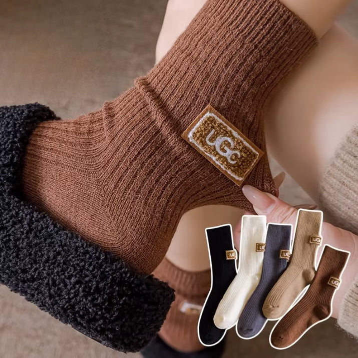 1-10Pairs Winter Thick Warm Padded Socks Solid Color Mid Calf Socks Women’S Casual Embroidered Logo Pile Socks Cold Weather Wear