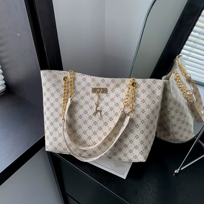 New Presbyopia Handbag Texture Soft Leather Large Capacity Tote Women Bag with Hanging Accessories Shoulder Bag