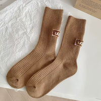 1-10Pairs Winter Thick Warm Padded Socks Solid Color Mid Calf Socks Women’S Casual Embroidered Logo Pile Socks Cold Weather Wear