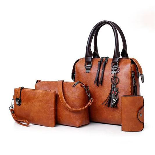 Women Composite Tassel Bag Luxury Leather Purse Handbags Famous Brands Designer Top-Handle Female Shoulder Bag 4Pcs/Set